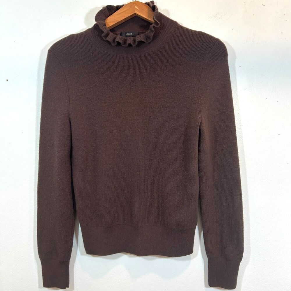 J. Crew Brown Merino Wool Mock Neck Ruffle Sweater Size S Preppy Boho Classic